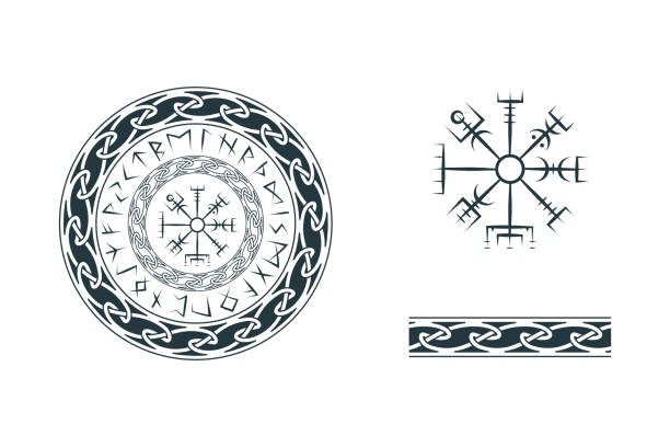 Viking symbols isolated set. Hand drawn collection of scandinavian signs vegvisir, aegishjalmur and celtic ornament.  Vector illustration on white background for  tattoo, print and t-shirt design. Viking symbols isolated set. Hand drawn collection of scandinavian signs vegvisir, aegishjalmur and celtic ornament.  Vector illustration on white background for  tattoo, print and t-shirt design. celtic knot animals stock illustrations