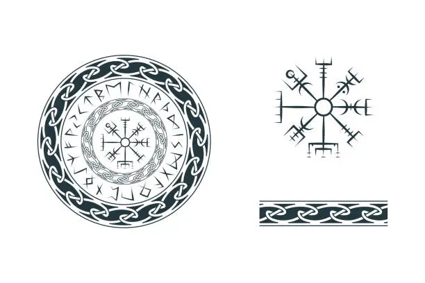 Vector illustration of Viking symbols isolated set. Hand drawn collection of scandinavian signs vegvisir, aegishjalmur and celtic ornament.  Vector illustration on white background for  tattoo, print and t-shirt design.