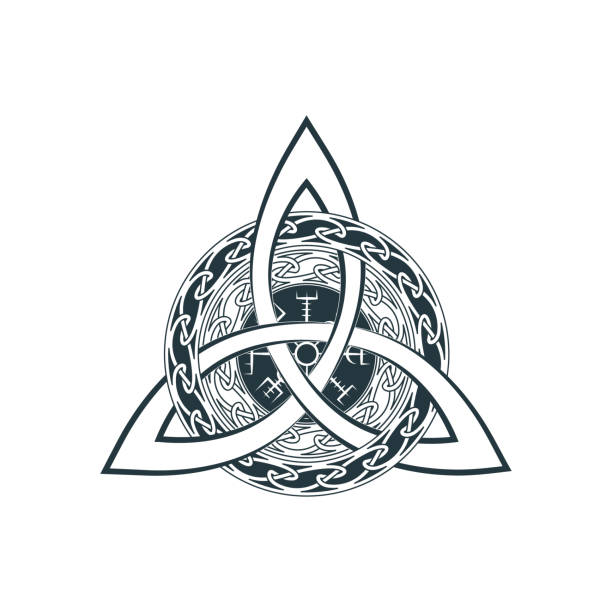 istock Viking symbols triquetra, vegvisir and celtic ornament. Scandinavian vector illustration on white background for  tattoo, print and t-shirt design. 1439124897