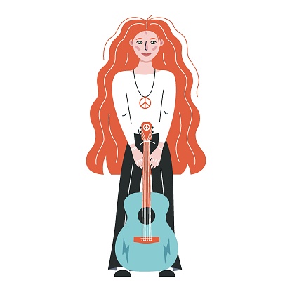 Flat vector hippy boho girl with guitar illustration. Hand drawn retro groovy elements. Clipart elements isolated on white background