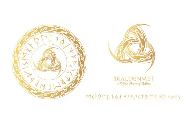 Vector illustration of Golden viking symbol skaldenment. Triple horn of Odin in a circle of Scandinavian runes . Vector isolated illustration in celtic style.