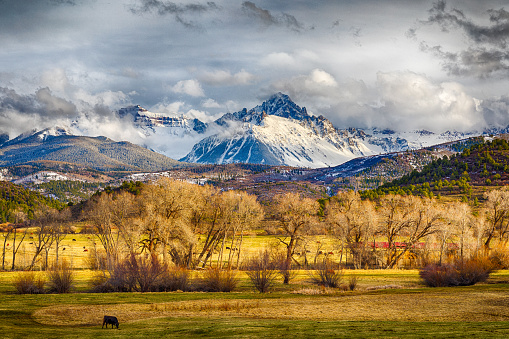 A beautiful three layered landscape of snow covered mountain in the background, rolling hills in the middle and a flat pasture land in the foreground
