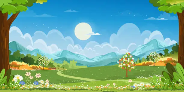 Vector illustration of Nature Spring Rural landscape of Green Fields Meadow on Hills with Clouds and Blue Sky,Vector Cartoon Panorama Sunny day Summertime,Panoramic Natural Countryside with Mountains, Wild flowers field