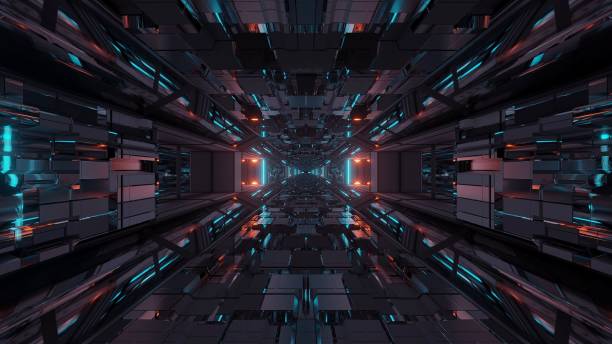 istock Futuristic sci-fi space tunnel passageway with glowing shiny lights 1439130798