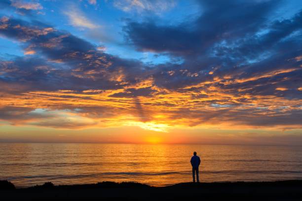 istock Person silhouette standing on a beach shore with an orange sunset- a cool background 1439131097