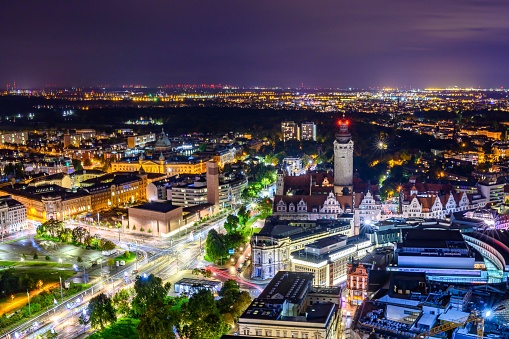 A panoramic view of Leipzig at night from the city skyscraper at Augustusplatz