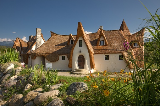 Porumbacu de Sus, Romania – June 25, 2017: The Valley of the Fairies Castelul de Lut, Valea Zanelor, Transylvanian Hobbit castle built of clay and sand in Romania, Porumbacu de Sus
