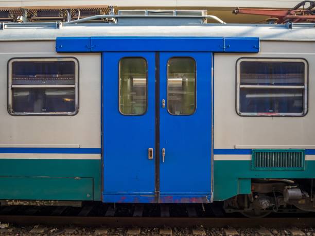 istock Closeup shot of a blue train door 1439133742