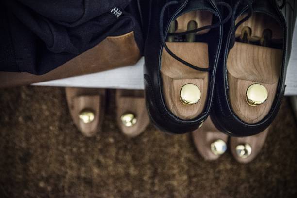 Detail of shoe trees in men's black shoes