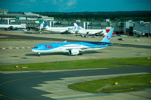 London, United Kingdom – August 19, 2017: TUI aircraft taxiing at London Gatwick