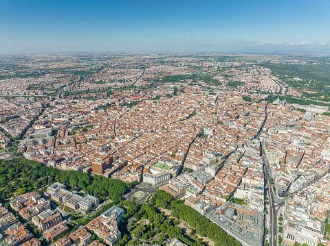 An aerial shot of Madrid streets symmetrically divided into residential areas and park areas