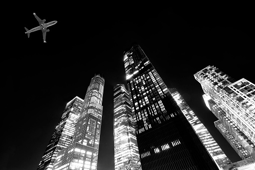 Airplane flying over Hudson Yards, Manhattan, NYC.