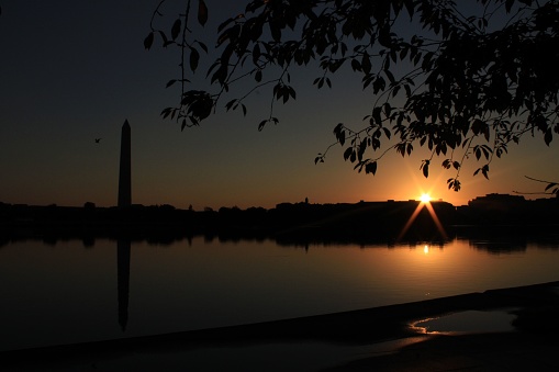 a photo of the Washington monument taken at sunrise from across the tidal basin