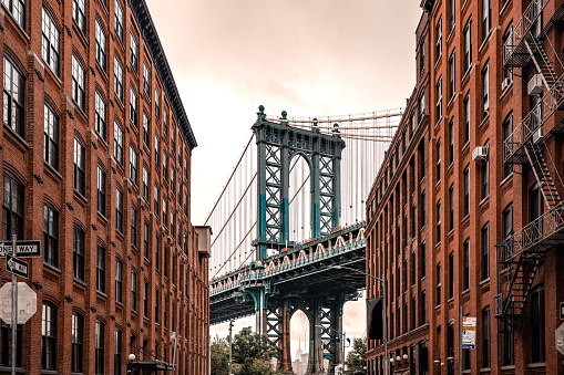 View of the Manatthan Bridge shot from DUMBO in Brooklyn, New York