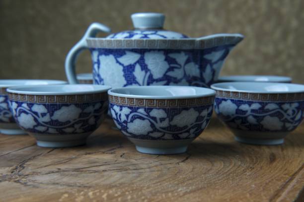 istock Closeup shot of Russian ceramic tea set service with traditional patterns 1439137953