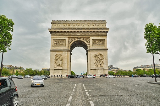 Aerial view of Champ de Mars from the Eiffel Tower in Paris, France. Wide angle shot of the Champ de Mars.