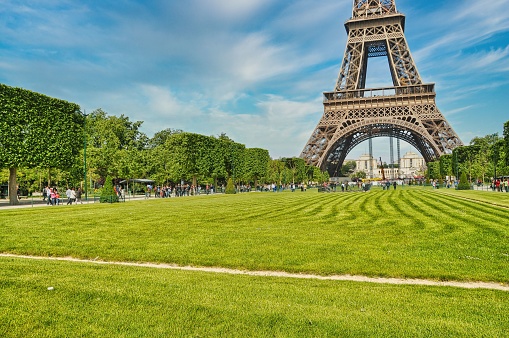 Paris, France – April 01, 2022: Paris, France. June 3 2021: Eiffel tower in city of Paris with historical buildings, famous monument France, Europe.