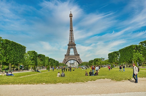 Paris, France – April 01, 2022: Paris, France. June 3 2021: Eiffel tower in city of Paris with historical buildings, famous monument France, Europe.