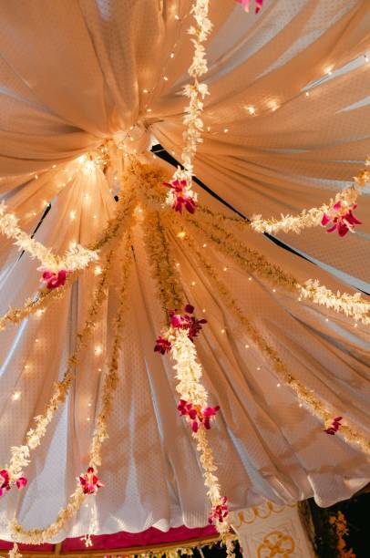 istock Indian wedding decor with lights and yellow flowers 1439138446