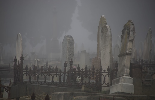 Lower Plenty, Australia – November 03, 2022: The tombstones in the cemetery on a foggy morning.