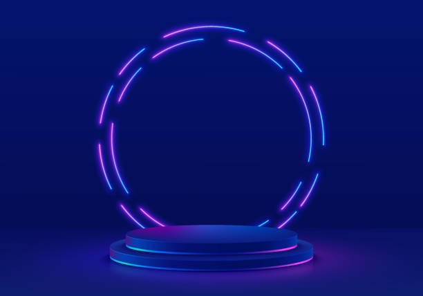 istock Realistic 3D dark blue cylinder pedestal podium with glowing circle round neon lighting line in futuristic style. Minimal scene for mockup products, Stage showcase, Promotion display. Abstract room. 1439139506