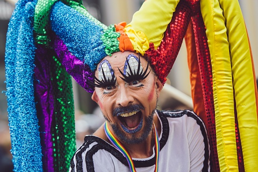 Munich, Germany – July 13, 2019: Transvestite man demonstrationg on christopher street day munich for gay lesbian equality rights rainbow pride parade