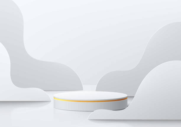 istock Realistic white and golden 3D cylinder pedestal podium with white curve wavy shapes background. Vector abstract geometric forms. Luxury minimal scene mockup products stage showcase, Promotion display. 1439140748