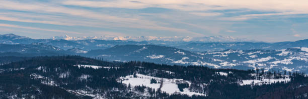 widok ze wzgórza cieślar zimą beskid śląski na granicy czesko-polskiej - cieślar zdjęcia i obrazy z banku zdjęć