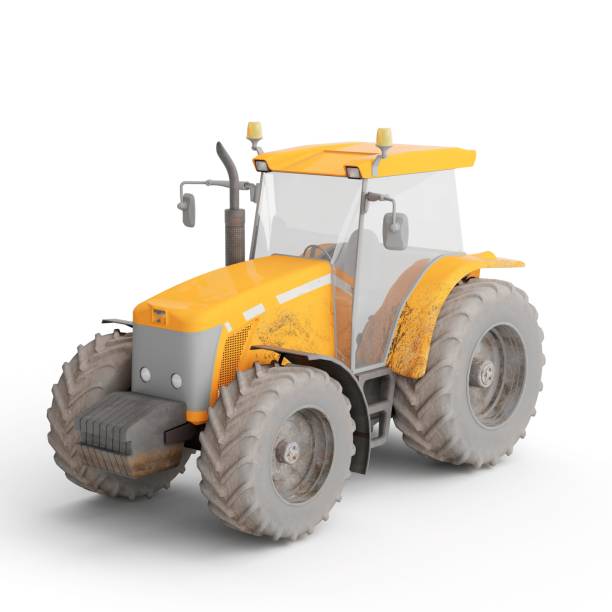 istock 3D rendering of a yellow agricultural wheel tractor isolated on white background, front side view 1439142100