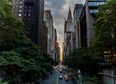 New York, United States – July 31, 2019: a high angle shot of Tudor City in Manhattan at sunset