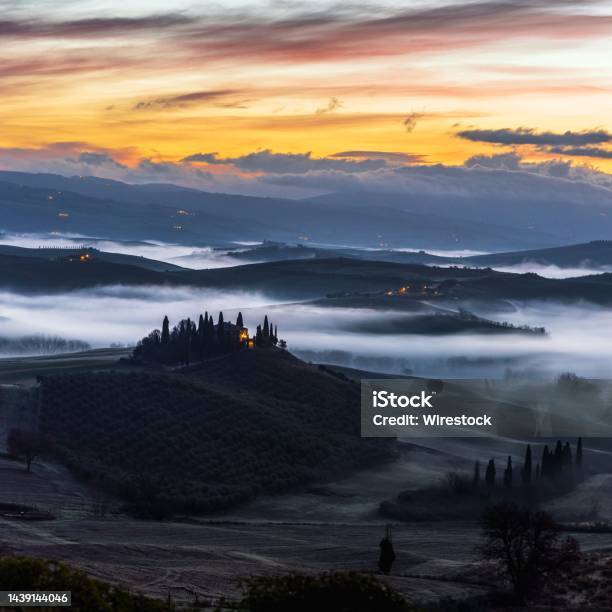 Landscape Of The Val Dorcia Valley In San Quirico Dorcia Italy At Sunset Stock Photo - Download Image Now