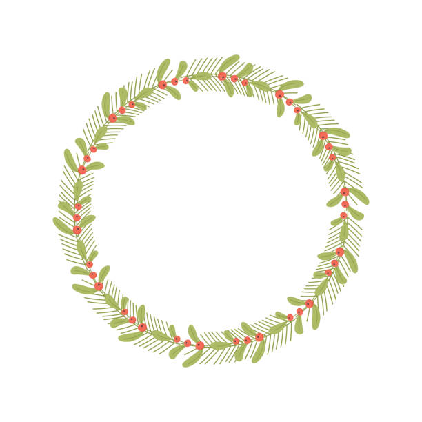 ilustrações, clipart, desenhos animados e ícones de coroa de natal feliz no fundo branco. galhos de abeto verde e frutas vermelhas. - christmas holly frame ivy