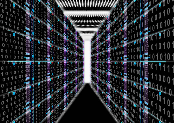 istock Data center room, servers, glowing lights of information transfer exchange, abstract big data and network, machine learning, artificial intelligence, datum storage, digital technology illustration background - in purple 1439146198