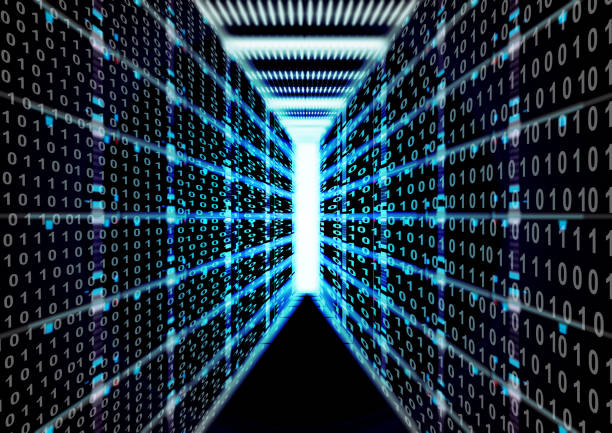 istock Data center room, servers, glowing lights of information transfer exchange, abstract big data and network, machine learning, artificial intelligence, datum storage, digital technology illustration background - in blue 1439146201