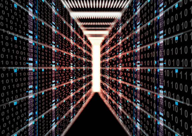 istock Data center room, servers, glowing lights of information transfer exchange, abstract big data and network, machine learning, artificial intelligence, datum storage, digital technology illustration background - in orange 1439146205