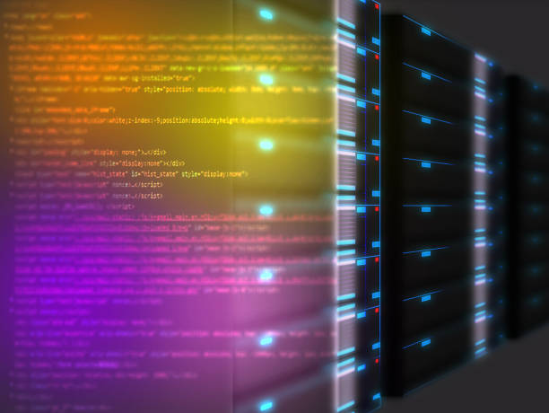 istock Row of active online servers in server center, working running for information, digital transfer exchange analysis, datum storage security, illustration background, node base programming design, html web host, big data cloud computing technology - black a 1439146218