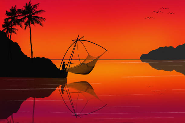illustrazioni stock, clip art, cartoni animati e icone di tendenza di fisherman siluetta sfondo dell'illustrazione - tree reflection lake landscape