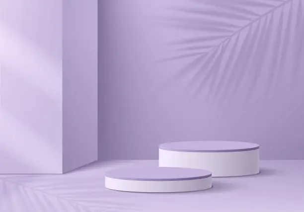 Vector illustration of Realistic purple, white 3D cylinder pedestal podium with palm leaf shadow overlay background. Minimal scene mockup products display, Stage for showcase. Vector geometric forms. Abstract studio room.