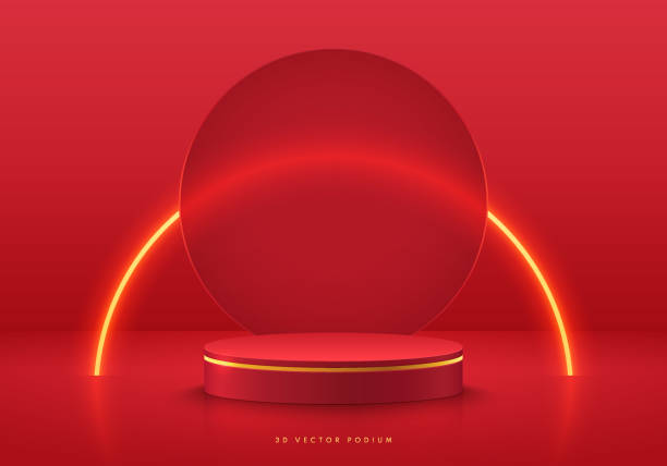 Realistic 3D red cylinder pedestal podium with golden curve neon lighting line background. Vector abstract geometric forms. Minimal scene mockup products stage showcase, Christmas promotion display. vector art illustration
