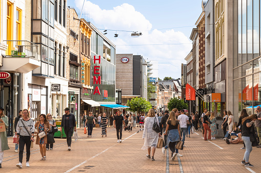 Groningen, Netherlands, August 4, 2021; Pedestrians in the pleasant shopping street in the center of  Groningen.