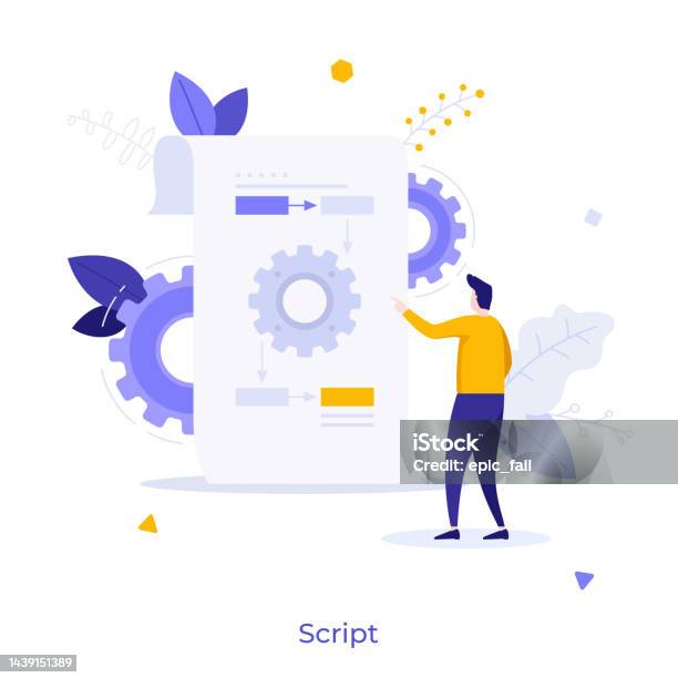 Plano Script Ilustración de Hombre Apuntando A Esquema O Plano Con Ruedas Dentadas ...