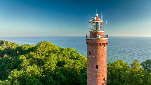 Lighthouse by Baltic Sea in summer, Aerial view of Poland stock photo