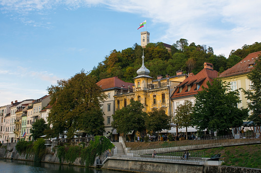 Ljubljana, Slovenia - September 3rd 2022. Historic buildings on the waterfront of the Ljubljanici River in central Ljubljana, Slovenia