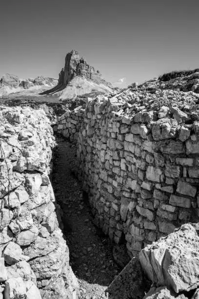 Photo of Remains of military trenches on Mount Piano in the Dolomite Alps, built during the First World War
