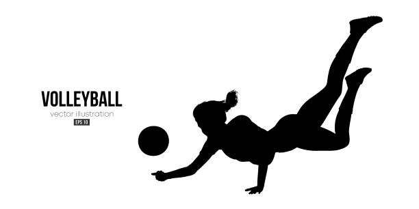 ilustrações, clipart, desenhos animados e ícones de silhueta abstrata de um jogador de vôlei em fundo branco. mulher jogadora de vôlei bate na bola. ilustração vetorial - volleyball sport volleying silhouette