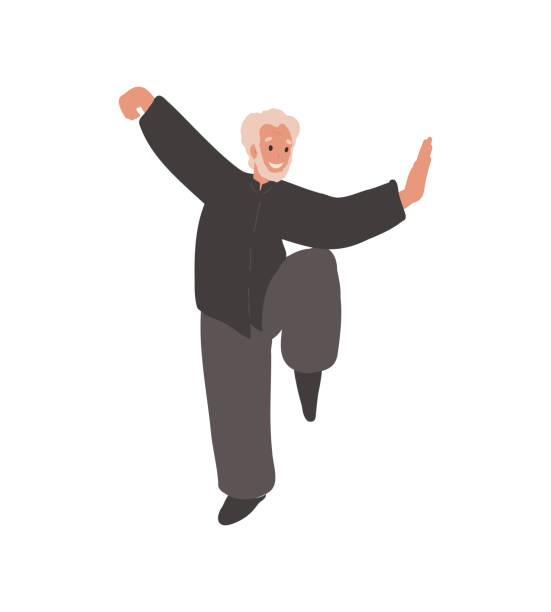 Old, elderly man Practicing Tai Chi and Qigong Exercise. Old, elderly man Practicing Tai Chi and Qigong Exercise. Cartoon flat vector illustration. Balance, equilibrium, hobby, sport, Healthy lifestyle concept. tai chi meditation stock illustrations