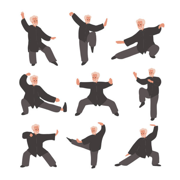 Old, elderly man Practicing Tai Chi and Qigong Exercise set. Old, elderly man Practicing Tai Chi and Qigong Exercise set. Cartoon flat vector illustration. Balance, equilibrium, hobby, sport, Healthy lifestyle concept. tai chi meditation stock illustrations