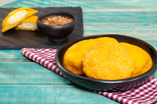 Tasty Fried Cakes Filled With Chicken - Traditional Colombian Cuisine.