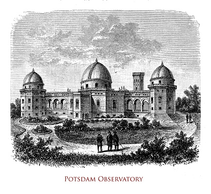 Prussia, Astrophysical Observatory Potsdam with the three characteristical domes founded in 1874 on the Telegrafenberg to research astrophisics, from stellar physics to cosmology