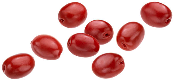 istock Red olives collection isolated on white background 1439169059